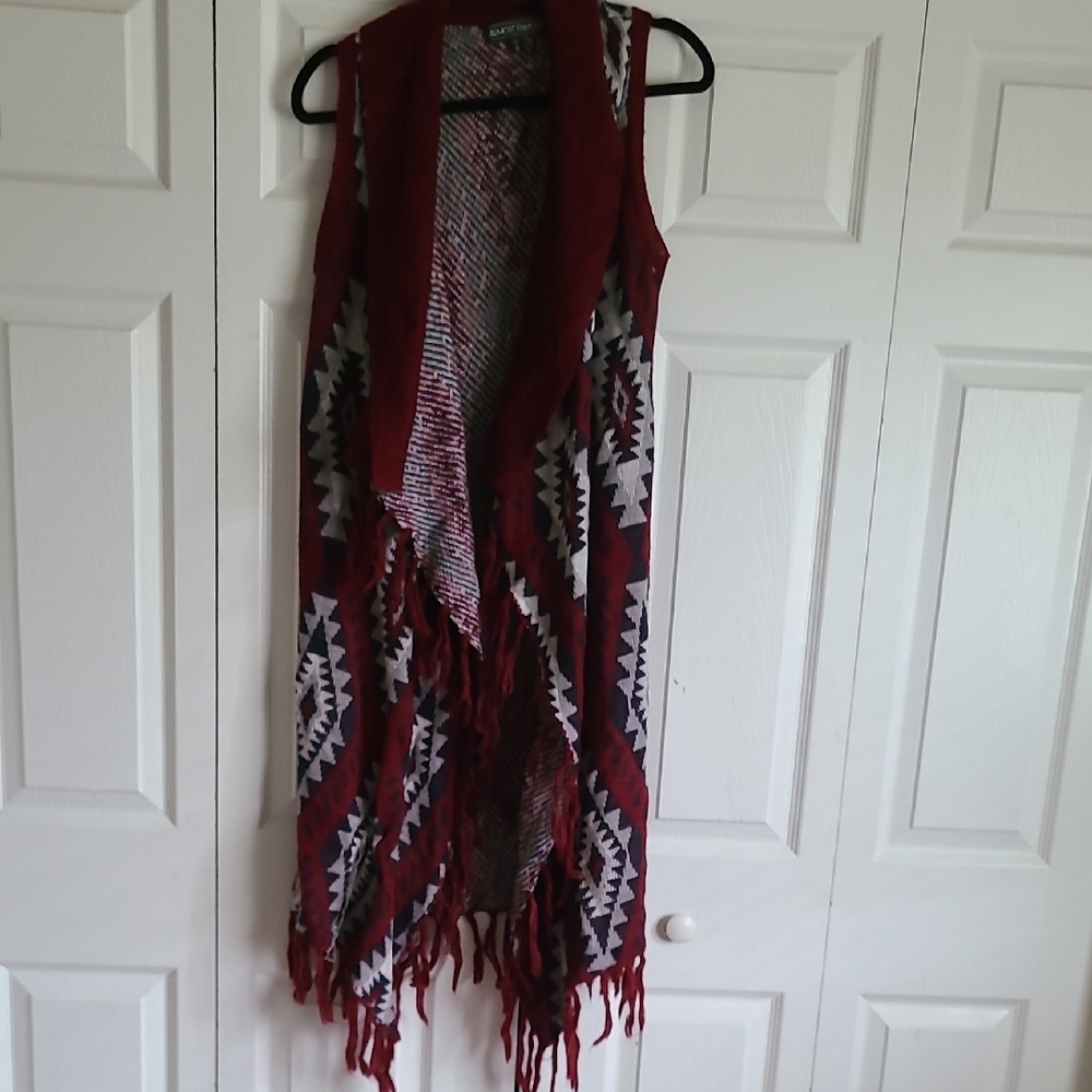 Burgundy and Gray Geometric Fringe Vest